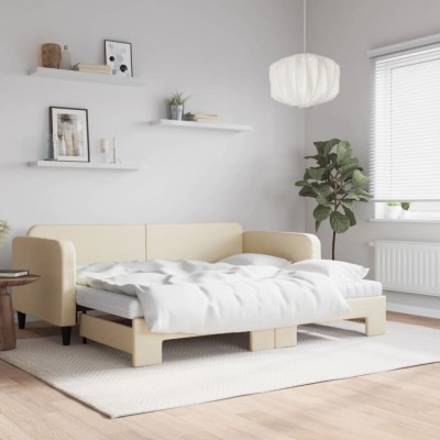 vidaXL Pat de zi cu extensie și saltele, crem, 90x200 cm, textil 3196838 foto