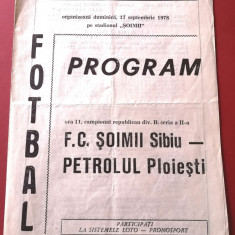 Program meci fotbal FC "SOIMII" SIBIU - PETROLUL PLOIESTI (17.09.1978)