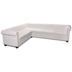 Canapea coltar Chesterfield, piele artificiala, 6 locuri, alb