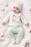 Costumas bebelusi 3 piese crem-verde menta, bumbac premium, broderie florala