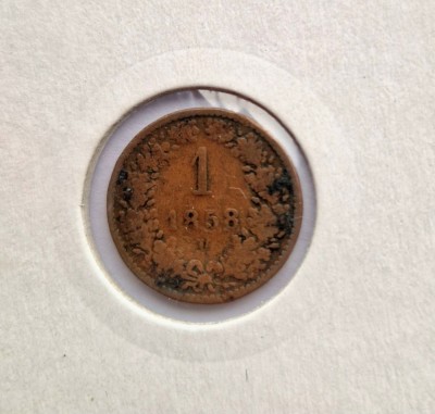 Austria 1 Kreuzer 1858 M moneda cupru km # 2186 Franz Joseph I tiraj mic foto