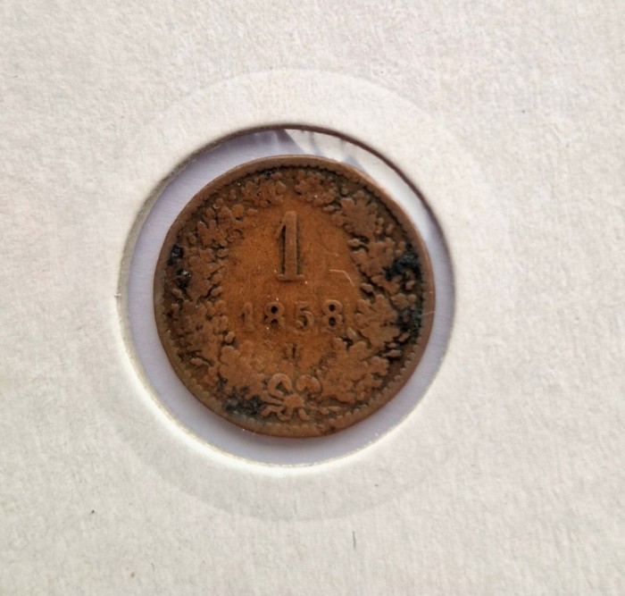 Austria 1 Kreuzer 1858 M moneda cupru km # 2186 Franz Joseph I tiraj mic