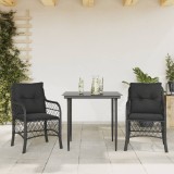 Set Bistro 3 Piese vidaXL, Negru, Poliratan, Perne Incluse, Masa Sticla 80cm, Scaune 58.5x67x86cm, Exterior, Gradina, Balcon