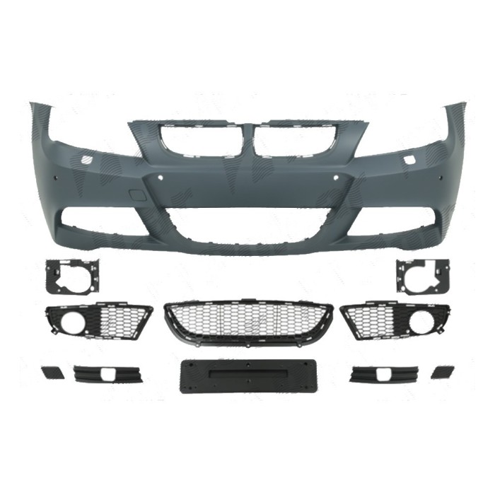 Set bara fata BMW Seria 5 (F10/F11), 2010-2013, cu gauri spalator si senzori parcare, cu metal intaritura; grunduit, de vopsit; type M-Tech; cu grile