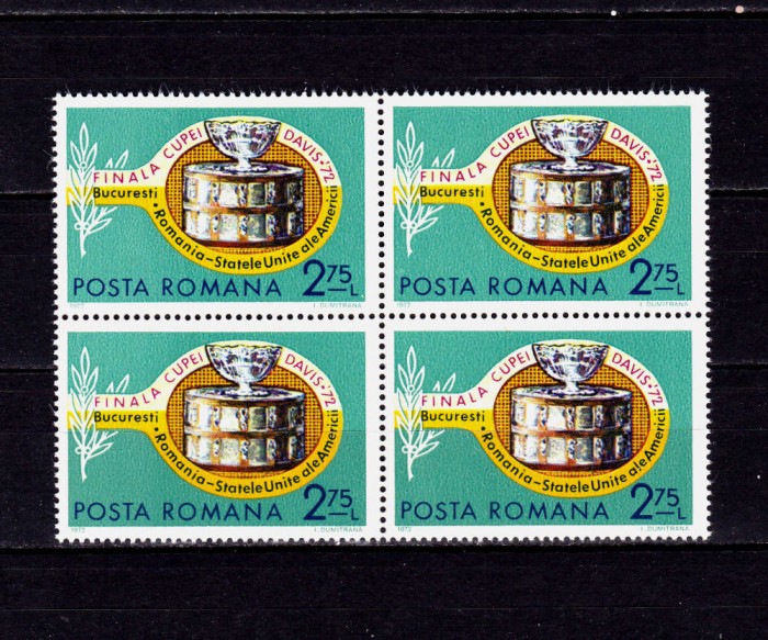 ✅RO 1972, LP 809 ,&quot; Tenis - Finala Cupei Davis&quot; , serie in bloc de 4 ,MNH