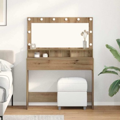 vidaXL Masă de cosmetică cu lumini LED, stejar artizanal 100x41x135 cm foto