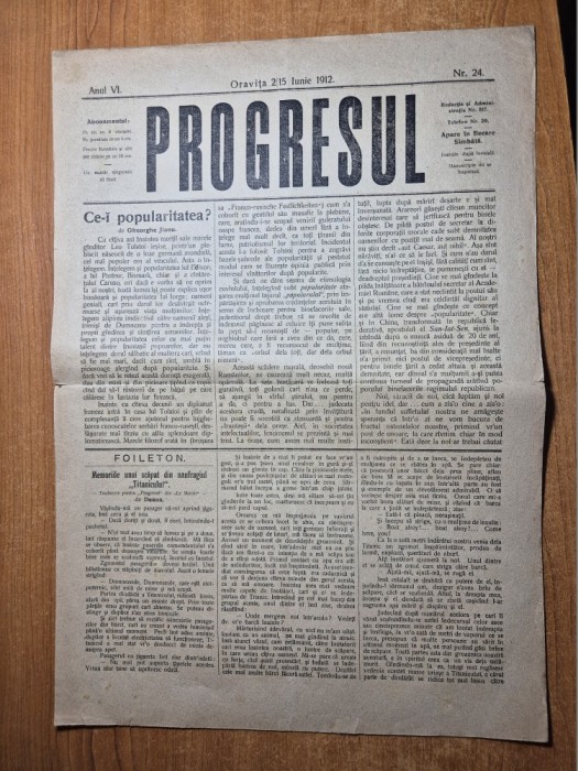 ziarul progresul - 2/15 iunie 1912 - ziar din oravita,memoriile unui supravietuitor de pe titanic