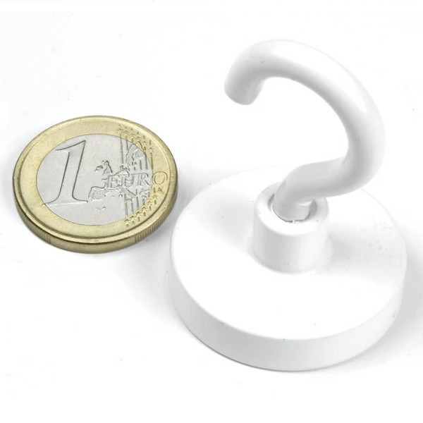 Magnet neodim oala &Oslash;32,3 mm, cu carlig alb, putere 28 kg