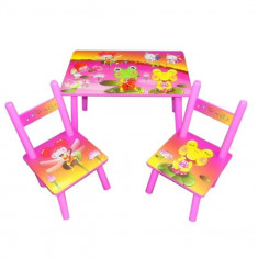 Masa din lemn cu e scaune pt copii, model Broscute