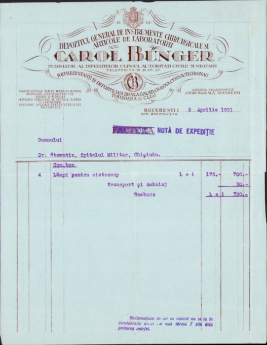 A2644N Factura Carol Bunger 1931 Bucuresti, deosebită, vezi descrierea