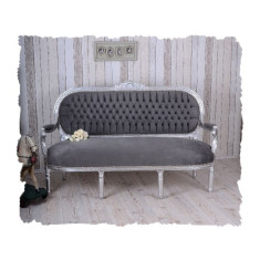 Sofa Madame Pompadour din lemn masiv argitiu si tapiterie gri CAT362E19