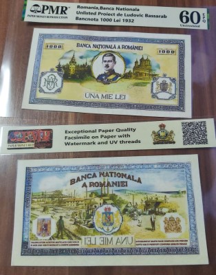 REPRODUCERE pe hartie cu filigran si fire UV proiect bancnota 1.000 lei 1932 foto