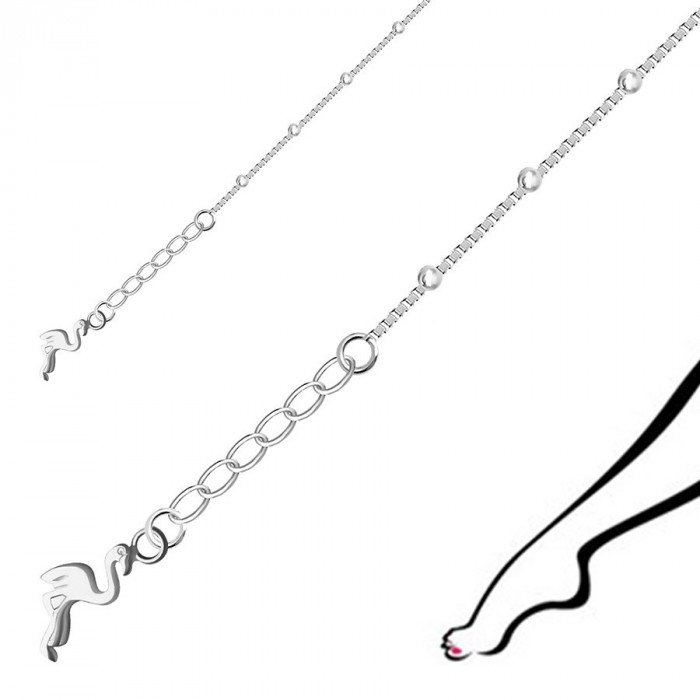 Brățară pentru gleznă, din argint 925 &ndash; lanț din zale pătrate, bile, pandantiv flamingo