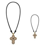 Cumpara ieftin Pachet 2 coliere auriu-crem 42 cm cu cruce 3,9 x 2,4 cm din lemn incastrata in metal auriu, Muntele Athos, snur negru reglabil, 2 fete