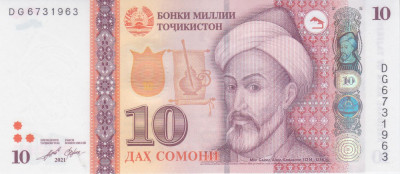 Bancnota Tadjikistan 10 Somoni 2021 - P24d UNC foto