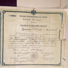 LICEUL MATEI BASARAB-CERTIFICAT DE ABSOLVIRE,20 SEPT.1916/STAREA DIN POZE