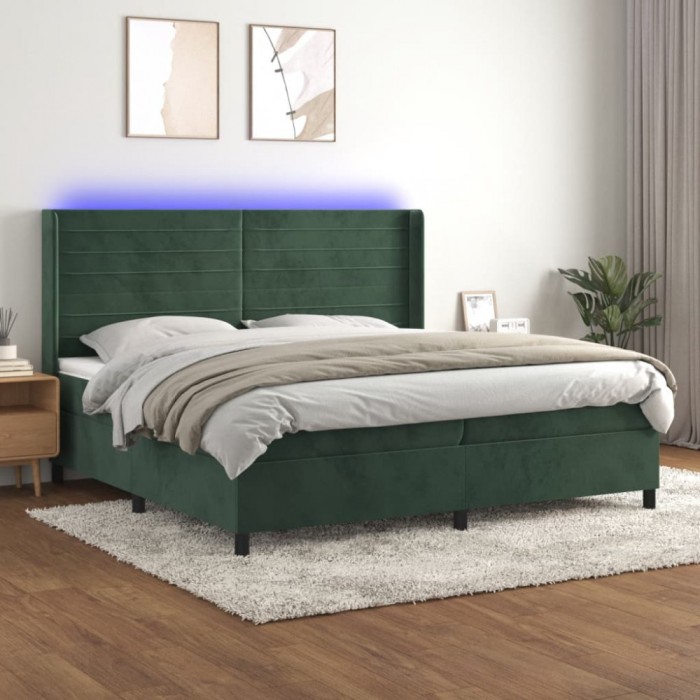 vidaXL Pat cu arcuri, saltea și LED, verde &icirc;nchis, 200x200 cm, catifea 3139646