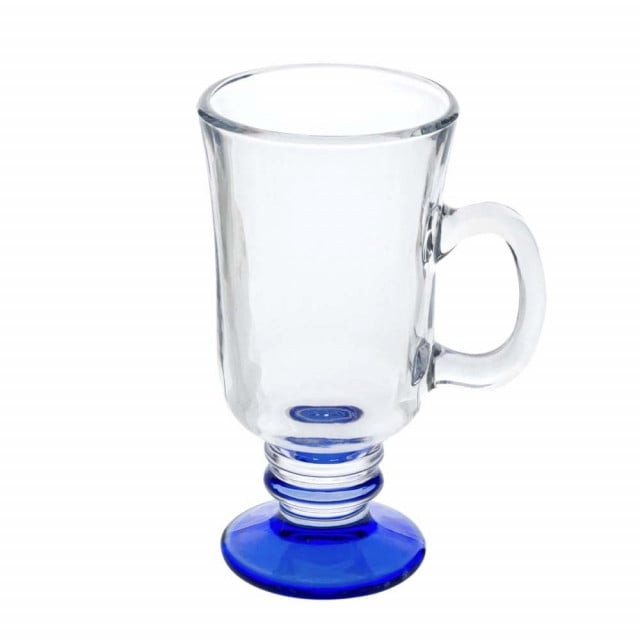 Cana eleganta din sticla cu picior Pufo Blue Queen pentru cafea sau ceai, 250 ml