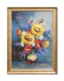 Cumpara ieftin Tablou living aranjament cu floarea soarelui pictat manual inramat, Beatitudine, 80x60cm ulei pe panza, Geo Ungureanu