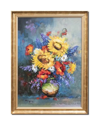 Tablou living aranjament cu floarea soarelui pictat manual inramat, Beatitudine, 80x60cm ulei pe panza, Geo Ungureanu foto