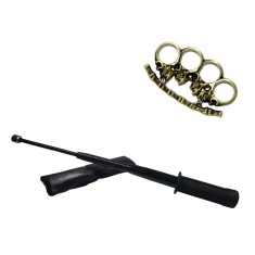 Set baston telescopic flexibil negru maner tip tonfa 47 cm + pumnal/box crani