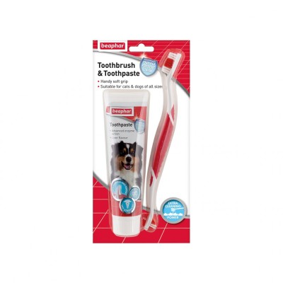 KIT DENTAR PASTA+PERIUTA PENTRU CAINI DE TALIE MARE SI PISICI BEAPHAR 100G foto