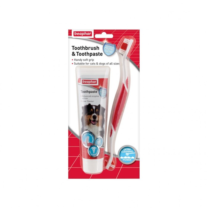 KIT DENTAR PASTA+PERIUTA PENTRU CAINI DE TALIE MARE SI PISICI BEAPHAR 100G