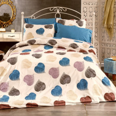 Lenjerie de pat pentru o persoana cu husa elastic pat si fata perna dreptunghiulara, Zoey, bumbac ranforce, gramaj tesatura 120 g/mp, multicolor