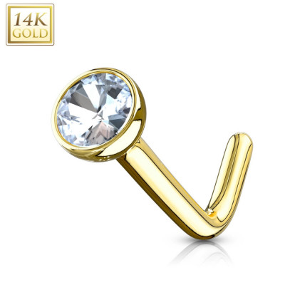 Piercing curbat, pentru nas, din aur galben de 14K - zircon transparent, rotund, ramă, 0.8 mm foto