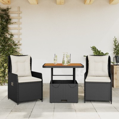 vidaXL Set bistro cu perne, 3 piese, negru, poliratan 3262765 foto