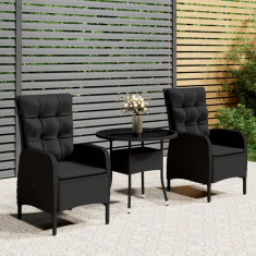 vidaXL Set mobilier bistro de grădină, 3 piese, negru, poliratan