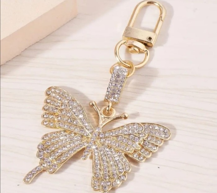 Breloc Fluture Auriu din aliaj cu Pietricele, Accesoriu Elegant pentru Chei și Geanta, 4,6*9 cm