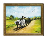 Cumpara ieftin Tablou inramat, Car cu boi, pictat manual 55x45cm ulei pe panza, reproducere Nicolae Grigorescu