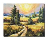 Tablou peisaj feeric din natura pictat manual, Apus de soare, 50x40cm ulei pe panza, Constantin Feraru