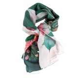 Esarfa matase verde cu flori roz 100 x 100 cm