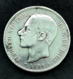 5 Pesetas Alfonso XII 1884 Spania Argint KM#688, 25g, 37mm