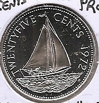 Bahamas 25 Cents 1972 - Elisabeta a II-a, PROOF, Cupru-nichel, 24,26 mm, KM-20 UNC !!!