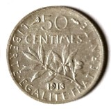 FRANTA 50 CENTIMES 1913 ARGINT VF++ XF, Europa