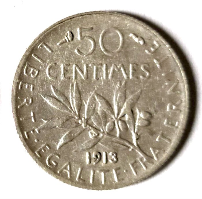 FRANTA 50 CENTIMES 1913 ARGINT VF++ XF