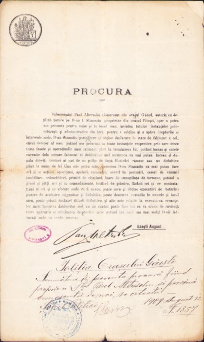 A2675N Procură faliment debitori 1909 Găiești D&acirc;mbovița