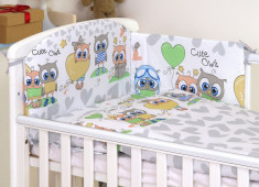 Set lenjerie din bumbac cu protectie laterala pentru pat bebe 120 x 60 cm, Bufnite Gri, Amy foto