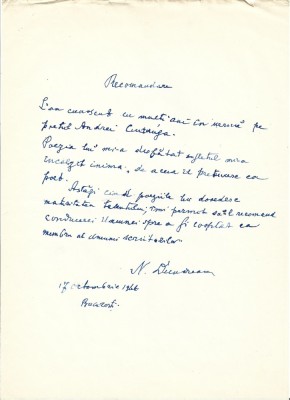 A3545N Nicolae Dunăreanu (Nicolae Perju-Ionescu), act scris și semnat olograf, 1966 foto