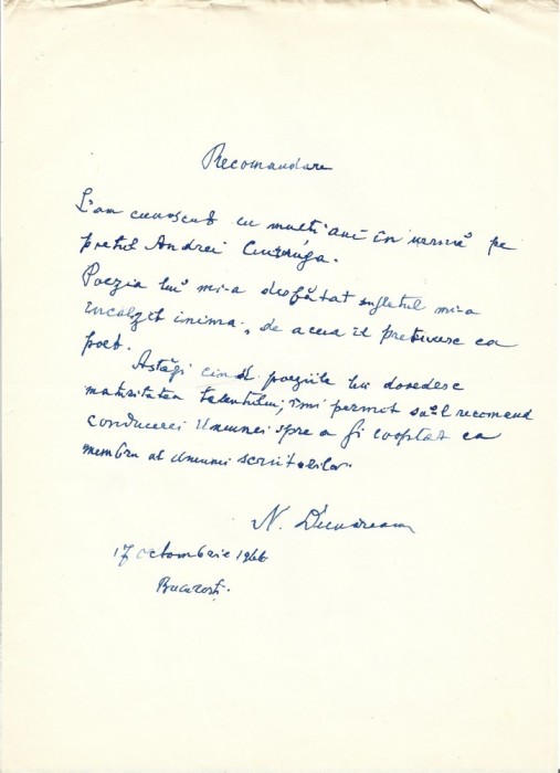 A3545N Nicolae Dunăreanu (Nicolae Perju-Ionescu), act scris și semnat olograf, 1966
