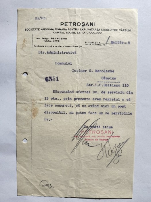Instiintare, negatie angajare emisa de S.A.R. Exploatarea Minelor de Carbuni Petrosani 1938 / CD1P