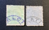 Regele Carol I (Emisiunea "Barba Lată" / Noua Emisiune) - Pereche 5 Bani Verde (Ștampilă Violacee "FALCIU") &amp; 25 Bani Albastru (Ștampilă "GALAȚI") RO2