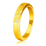 Inel din aur galben de 14K - crestături decorative fine, diamant clar strălucitor, 1,5 mm - Marime inel: 56
