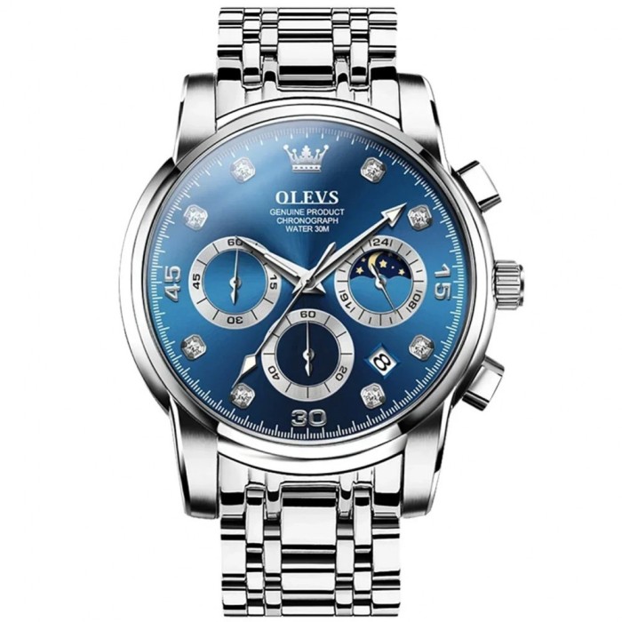 Ceas barbati Olevs Quartz Elegant Casual Analog Indici Luminosi Data Argintiu Albastru