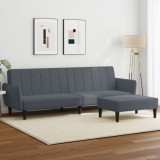 Canapea Extensibila 2 Locuri Gri Inchis Catifea vidaXL + Taburet, Spatar Reglabil, Cadru Lemn Robust 220x84.5x69 cm