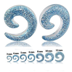 Expander transparent pentru ureche - spirală cu sclipici albastru - Lățime: 4 mm