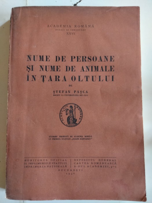 Nume de persoane si nume de animale in Tara Oltului de Stefan Pasca, 1936